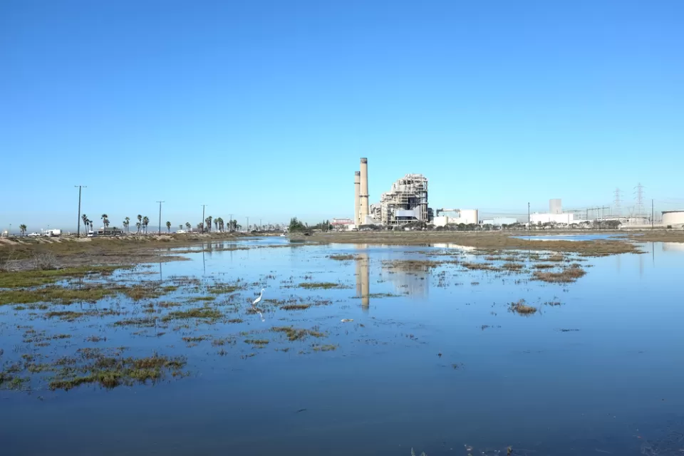 An energy production facility rises above a wetlands along the Pacific Ocean.